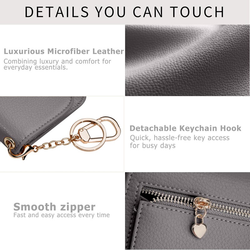 Sunpour Women Small Wallet RFID Blocking Slim Wallet with Coin Pocket Tri-Fold Credit Card Holder with ID Window and Keychain (Grey) - Image 5